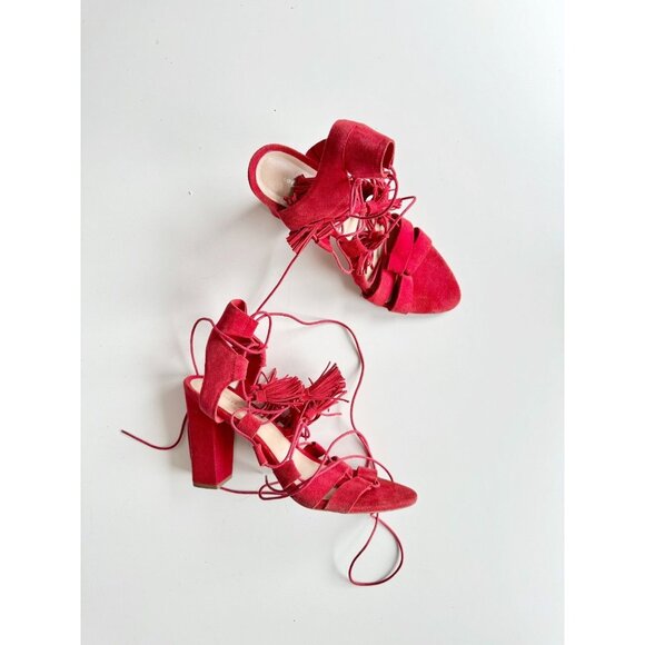 LOEFFLER RANDALL Luz Red Suede Leather Lace-Up Tassel Tie Block Heels, Size 10 - Picture 1 of 16